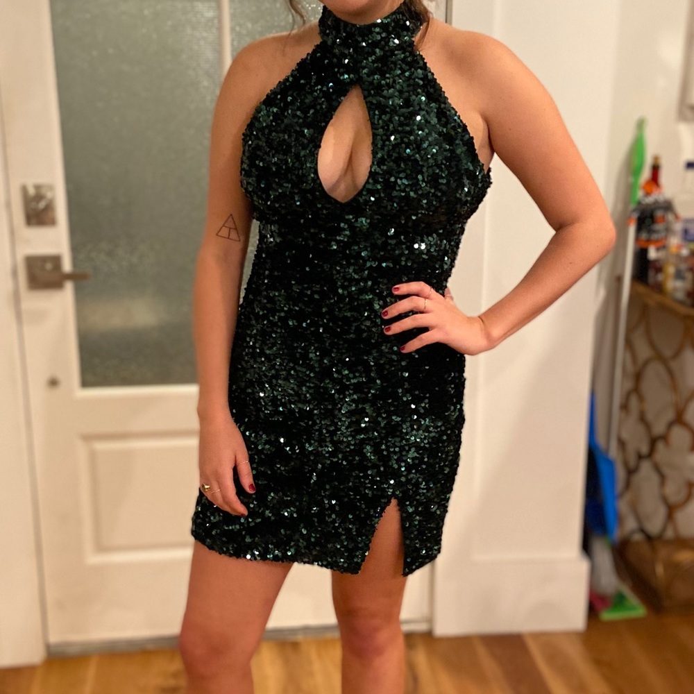 FashionNova high neck sparkly green dress, size medium